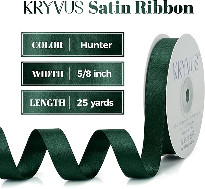 Hunter Green Satin Ribbon, Double Faced 5/8 Inch X 25 Yards Hunter Green Ribbon, Premium Satin Ribbon for Gift Wrapping, Crafts, Hair Bow Making, Sewing, Flower Bouquet, Wedding Party Decor