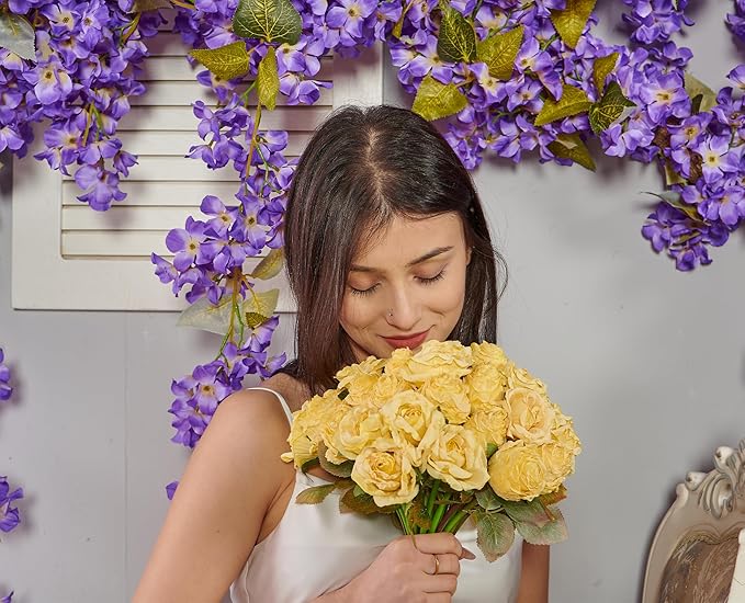 Rose Artificial Flower 28pcs Realistic Faux Silk Roses Fake Flowers Bouquets Arrangements Decor for Wedding Spring Mother's Day, Home Table Decorations, Yellow Flower