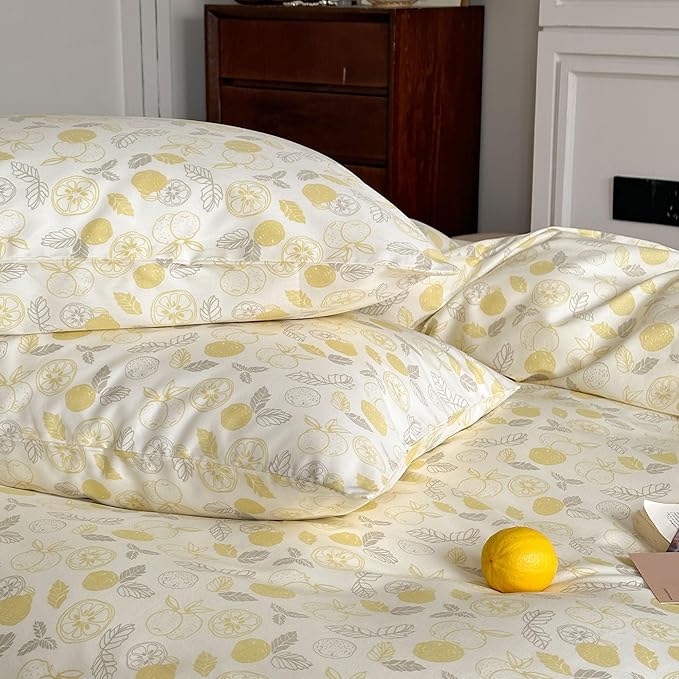 AOJIM Aesthetic Fruit Pattern Duvet Cover Set for Kids Adults, Super Soft 100% Cotton Comforter Cover Set 3pcs, 1 Yellow Lemon Quilt Cover King Size and 2 Matching Pillowcases for Room Decor, No Quilt