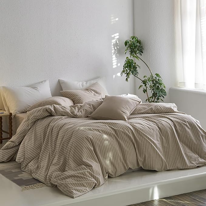 MooMee Striped Duvet Cover Set 100% Washed Cotton Linen Like Textured Breathable Durable Soft Comfy (Tannish Linen Grey White Wide Stripes, Palatial King/Oversized King 120"x98")