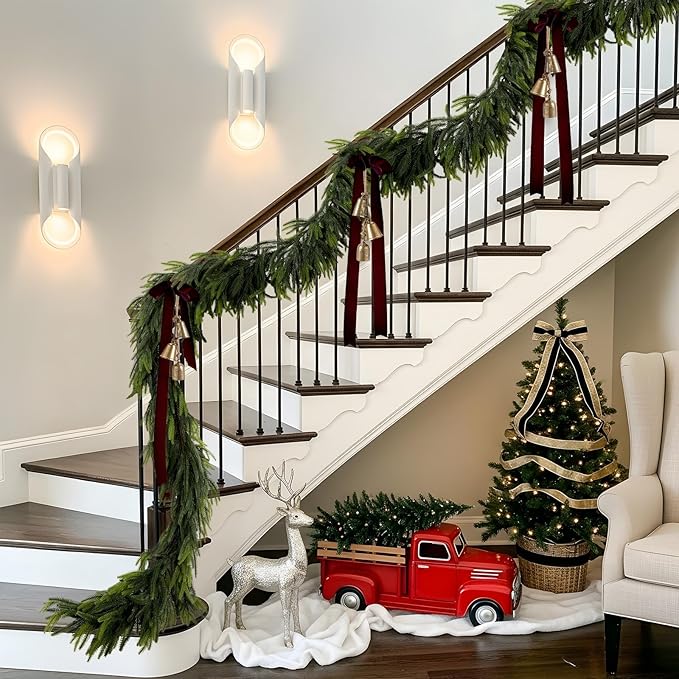 N&T NIETING 9FT Christmas Norfolk Pine Garland Real Touch Pine Artificial Garlands Faux Greenery Garland Winter Christmas Garland for Table Mantle Fireplace Indoor Outdoor Xmas Decorations (6 Pcs)
