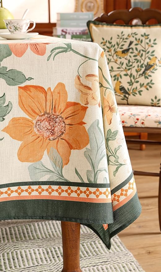 French Long Tablecloth for Rectangle Table,Linen Orange Floral Wrinkle Resistant Tablecloths,Decor Table Cover for Kitchen,Dining,Tea Party,Thanksgiving,Christmas,63"*102"-Milch