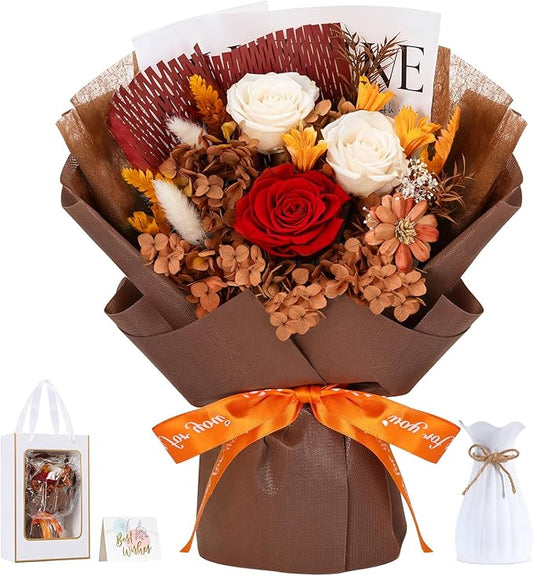 Lewondr Flower for Delivery, Preserved Flowers Bouquet, White Roses Bouquet, Real Long-Lasting Forever Birthday Flowers Gifts for Her Best Friend Mothers Day Christmas Graduation, White-Orange