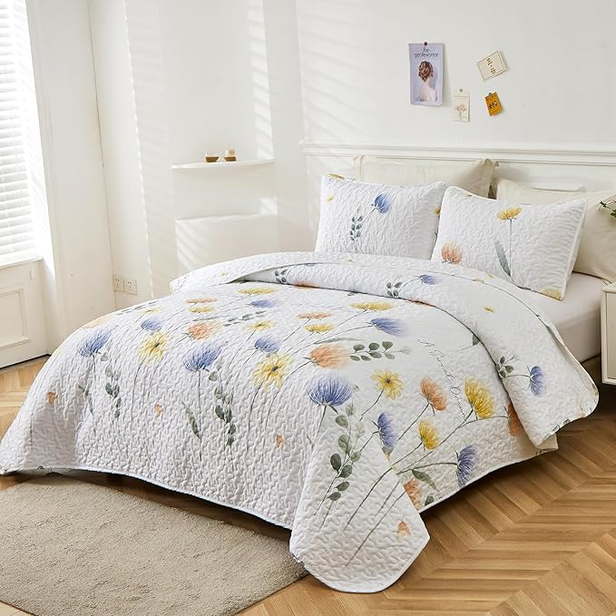 Dinjoy Yellow Blue Quilt Set Full Size, Floral Bedspread Set 3 Pieces Reversible Quilted Fall Bedding Set Microfiber Lightweight Bedspreads Coverlet Farmhouse Bed Cover Sets for Women Girls