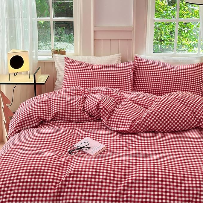 LifeTB Queen Comforter Set Red Gingham Comforter Modern Style Plaid Boho Comforter Set 3 Pieces Fluffy Grid Checkered Comforter with 2 Pillowcases Farmhouse Gingham Bedding Set Queen Size