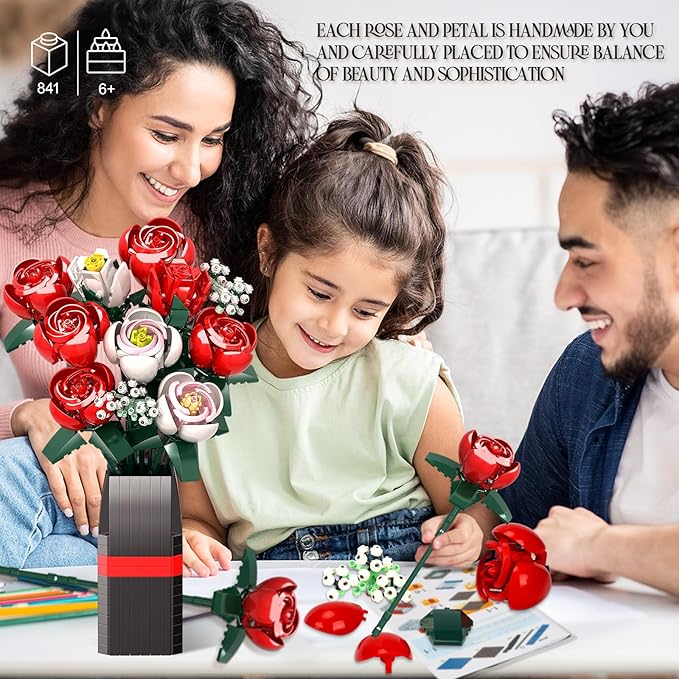 Roses Flower Bouquet Building Kit for Adults, Kids, 841PCS DIY Flowers Bouquet Building Set with Vase, Roses Artificial Flowers Building Set, Gifts Ideas for Anniversaries, Birthday, Wedding