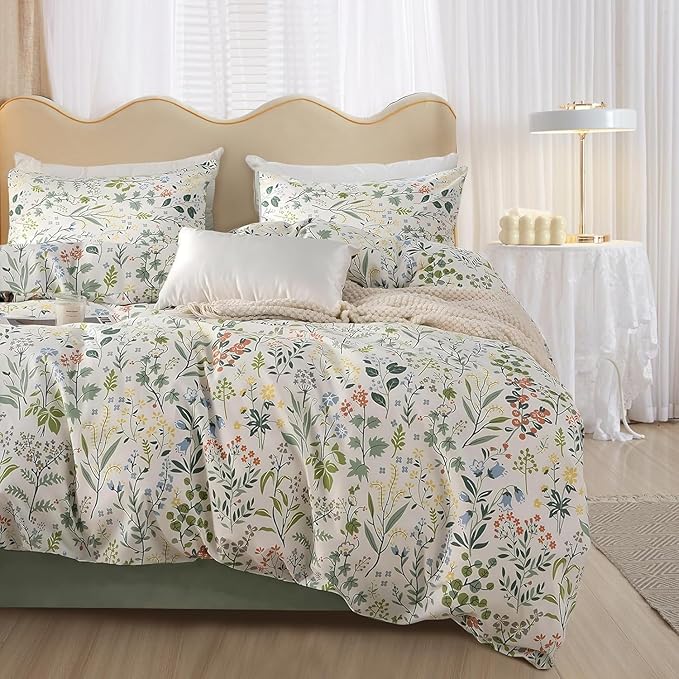 HighBuy Boho Floral Comforter Set Queen with 2 Pillowcases Lightweight 3 Pieces Farmhouse Shabby Chic Floral Bedding Set for Women Girl Farmhouse Flower Bedding Comforter Set All Season