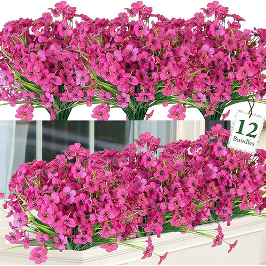 Ouddy Decor 12 Bundles Artificial Flowers for Decorations Fake Silk Plants for Outdoors UV Resistant Faux Plastic Greenery Stems for Garden Porch Window Box Home Spring Decor, Rose Red