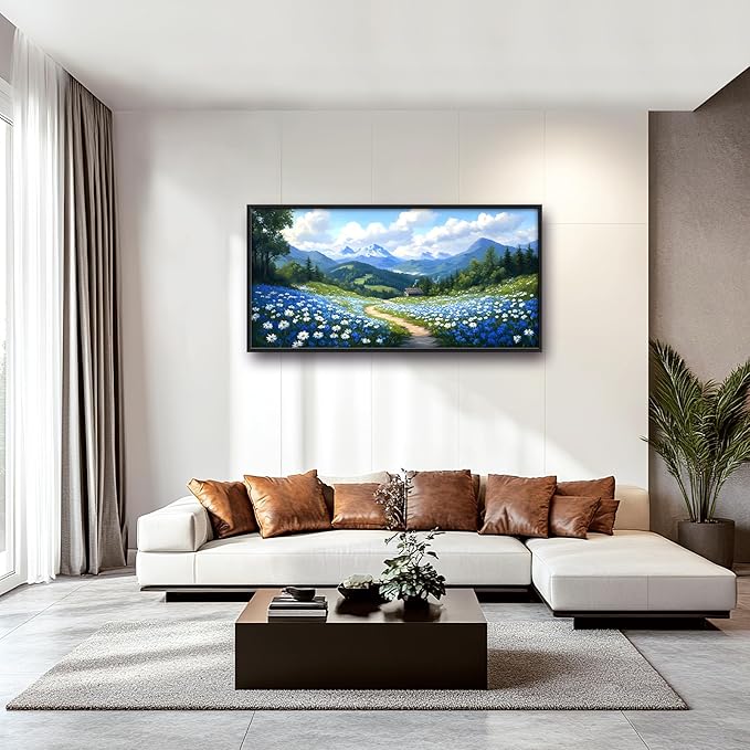 Mountain Large Wall Art Framed Wall Decor for Living Room Countryside Wildflowers Pictures Oversized Canvas Print Painting Modern Extra Large Framed Artwork for Bedroom Office 60"x30"