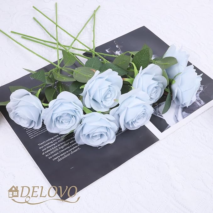 52pcs Light Blue Roses Artificial Flowers Fake Flowers Silk Roses with Stems for DIY Wedding Bouquets Bridal Shower Centerpieces Arrangements Party Decorations