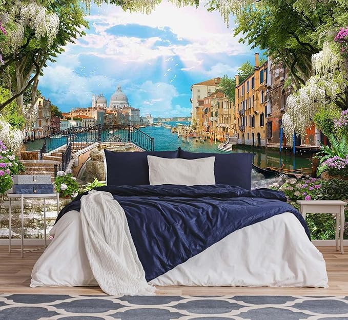Venice Garden Wallpaper River Flower Ancient City Wall Mural for Bedroom Living Room (Not Self-Adhesive)