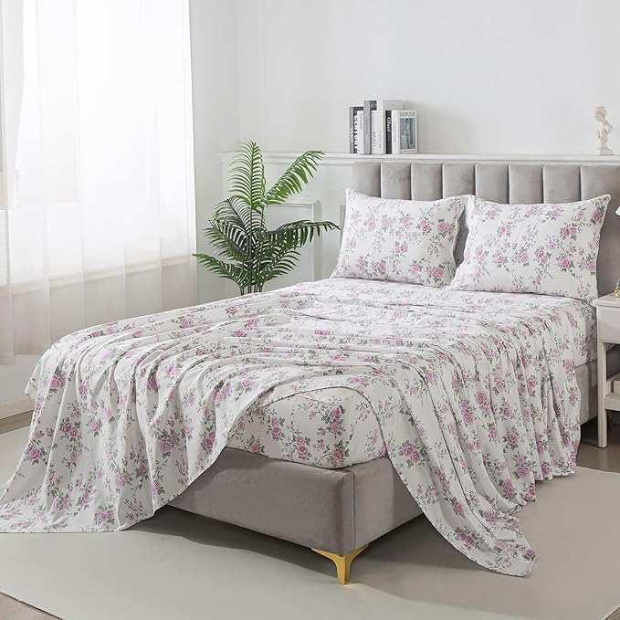 FADFAY Vintage Floral King Size Sheets Set Premium 100% Cotton Shabby Purple Rose Pattern Coquette Cottagecore Bedding Set Deep Pocket Sheets with 2 Pillowcases Luxury Breathable Soft 4Pcs, King