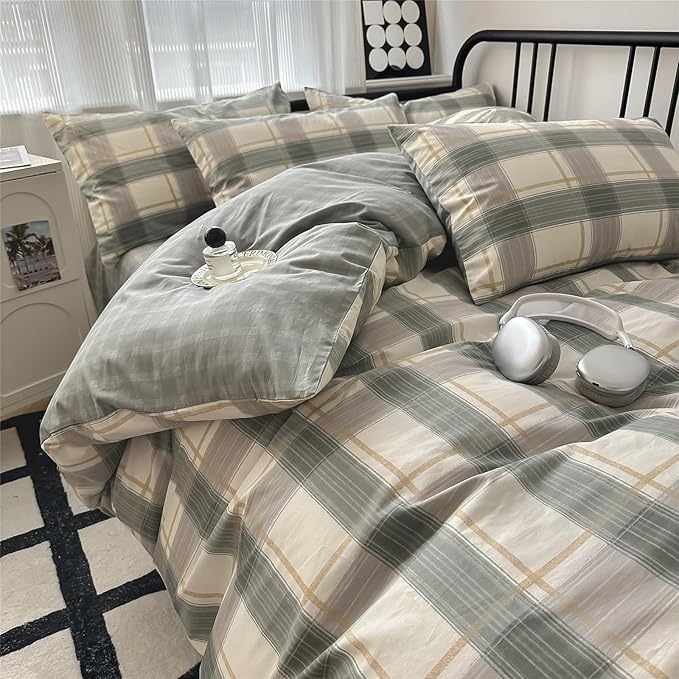 Plaid King Comforter Set Geometric Plaid Grid Comforter Set Fluffy Microfiber Bedding Comforter Farmhouse Checkered Comforter Set for All Season 3 Piece Plaid Bedding Comforter Set King Size Bed Set