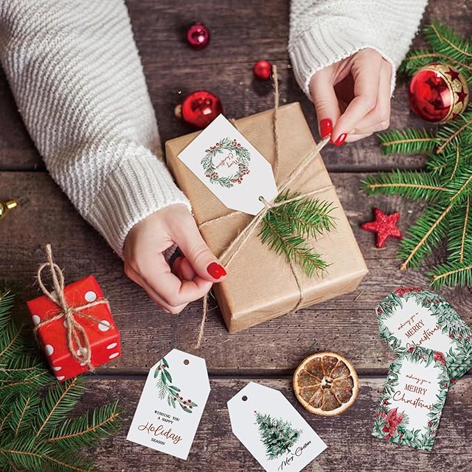 100 Pcs Christmas Paper Gift Tags Watercolor Plants Xmas Winter Seasonal Wishes Hanging Label Tags with Hemp Rope for Xmas Holiday Gift Wrapping DIY Crafts, 4 Designs
