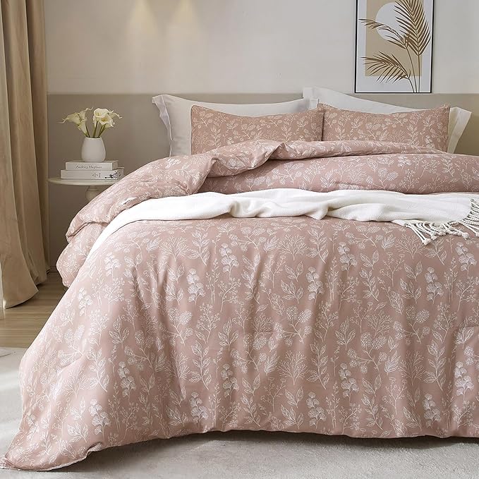 HighBuy Vintage Floral Comforter Set King Aesthetic Mauve Flower Print Bedding Sets Garden Flower Bedding Comforter Set 3 Piece Bed Set 1 Floral Comforter with 2 Pillowcases King Comforter Sets