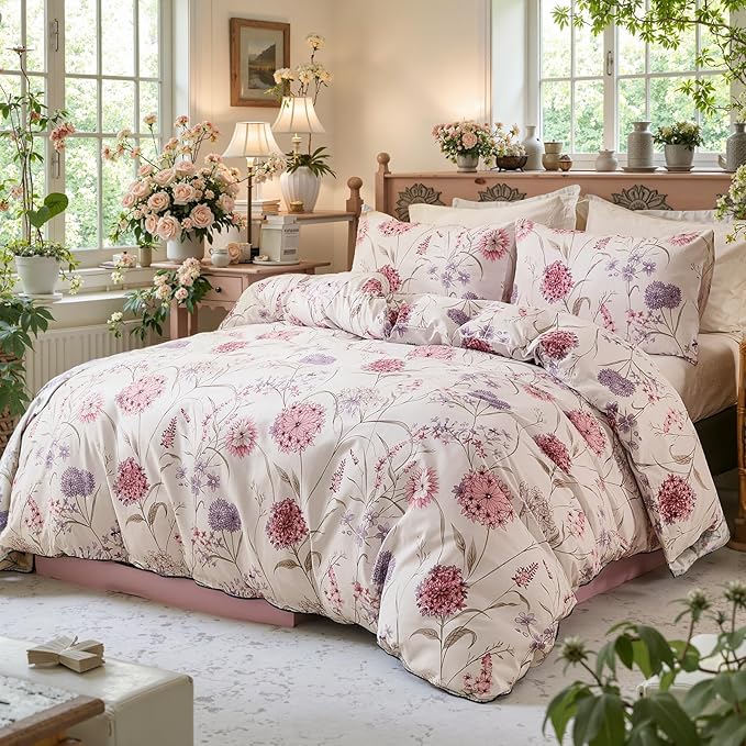 Bedding_Dreamer King Floral Comforter Set 100% Cotton Comforter 3 Pcs Red Pink Flower Bedding Set Lightweight Soft Reversible Bedding for All Season
