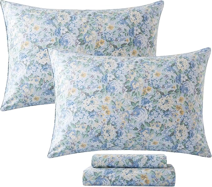 FADFAY 100% Cotton Twin XL Bed Sheet Set, 4 Piece Blue Yellow Rose Floral Bedding, Soft Breathable Cooling Sheets with Deep Pocket Fitted Sheet, Flat Sheet & 2 Pillowcases, All Season Cotton Sheets