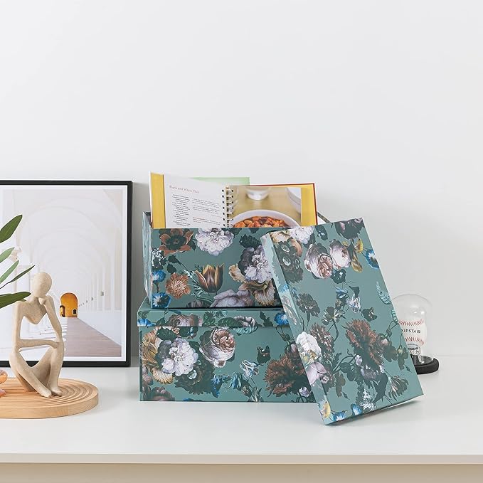 Soul & Lane Decorative Storage Cardboard Boxes with Lids | Elegance in Bloom - Set of 3 | Floral Moody Paperboard Nesting Boxes