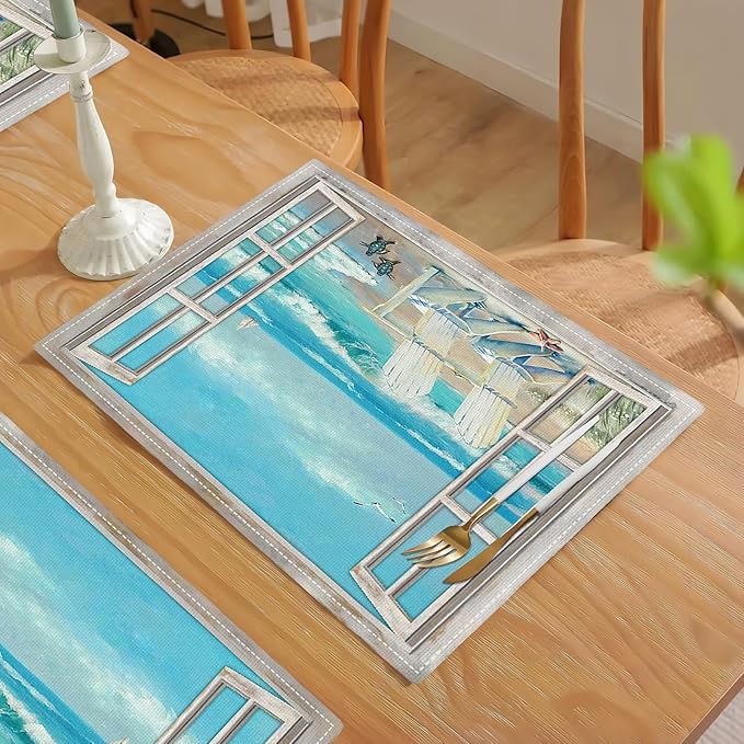 Coastal Beach Placemats Set of 6 Seascape Ocean Table Mats Washable Place Mats for Home Party Indoor Kitchen Dining Table Decoration 12x18 Inch