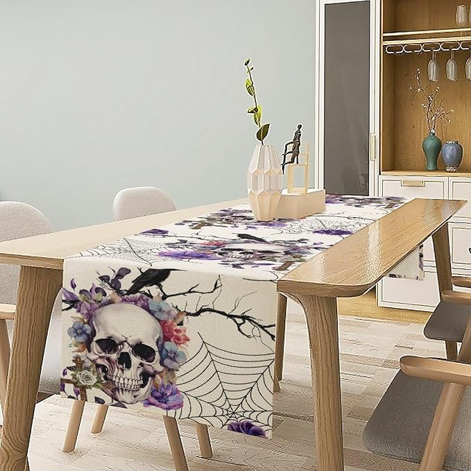 Gothic Floral Table Runner, Retro Dark Skull Spider Web Crow Flower Halloween Witchy Coffee Table Center Decor for Home Kitchen Dining Patio Holiday Party Table Decorations 13x90 inches