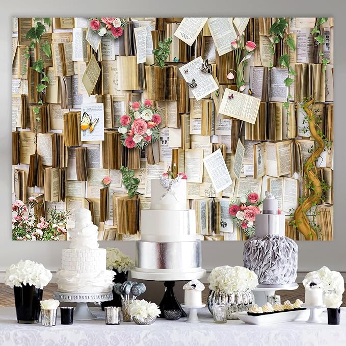 7x5FT Vintage Bookshelf Background Flower Garlend Book Pages Wedding Decorations Backdrop Adults Baby Shower Graduation Party Photo Studio Background Props KUBDJ943