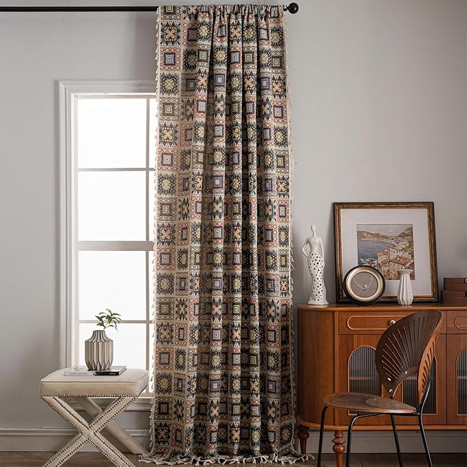 ENJOYBRIDAL Patchwork 96 Inch Curtains 2 Panel Set Semi Sheer Bedroom Drapes Rod Pocket Farmhouse Jacquard Long Window Curtain Panels Bohemian Light Filtering Beige Boho Living Room Window Treatments