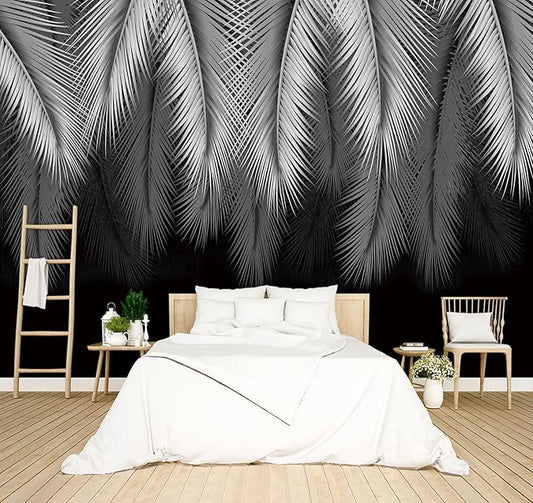 grey tropical botanical leaf wallpaper bedroom palm leave plant murals office modern black and white trendy room decor living room tv background large wall mural - 160"x108"Not Peel and Stick