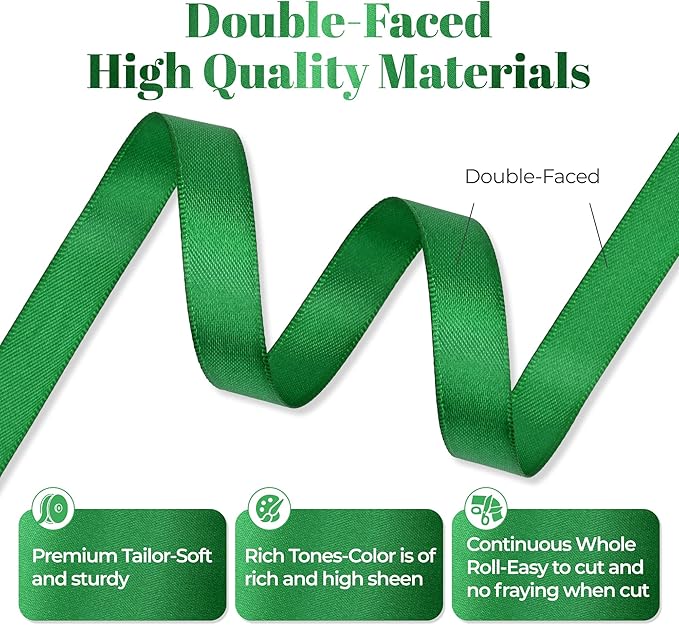 Green Satin Ribbon, Double Faced 1/2 Inch X 25 Yards Green Ribbon, Premium Satin Ribbon for Gift Wrapping, Crafts, Hair Bow Making, Sewing, Flower Bouquet, Wedding Party Decor
