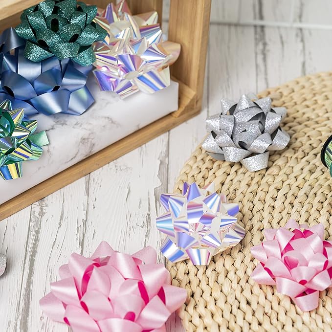 WRAPAHOLIC 14 Pcs Gift Bows Assortment - 12 Multi Colored Assorted Size Gift Bows (Silver, Green, White, Pink, Blue) and 2 Crimped Curling Ribbons, Perfect for Christmas, Holiday, Party
