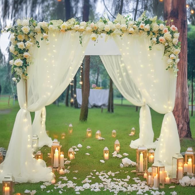 10x8ft Ivory Tulle Backdrop Curtain with Lights String for Parites, Sheer Backdrop Curtains for Wedding Baby Shower Birthday Party Photo Shoot Decorations