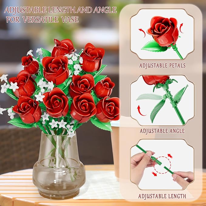Flowers Bouquet Building Sets for Adults, for Her and Him Mother's Day Valentines Birthdays Gift, Botanical Collection DIY Rose Toy Kit, Home Office Decor