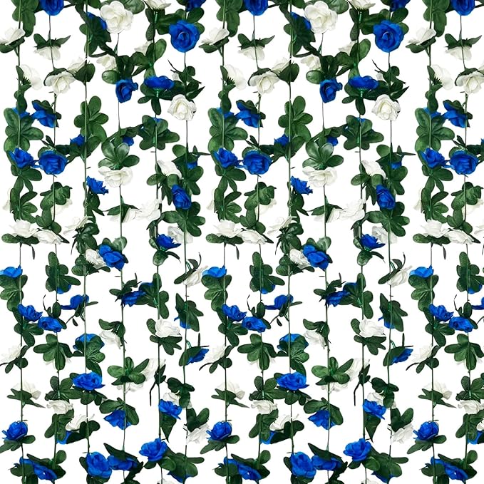 8Pcs 63Ft Royal Blue&White Fake Rose Hanging Flowers, Artificial Flower Vine, Hanging Floral Vine Garland for Wedding, Wall Arch, Halloween, Christmas Garden Backdrop Decor