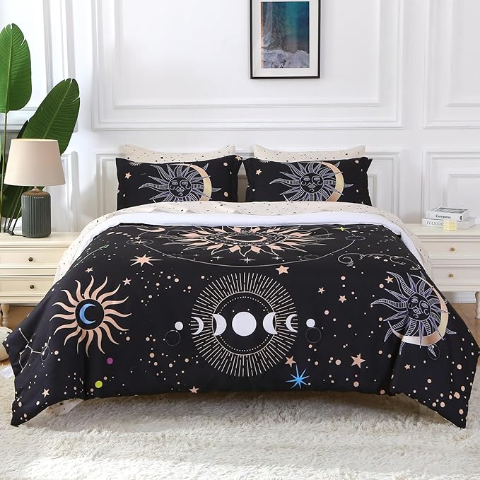 7 Piece Sun and Moon Comforter Set Bed in a Bag Queen Size - Boho Celestial Constellations Bedding for Girls Women - Black Gold - Lightweight Comforter with Sheets and Pillowcases