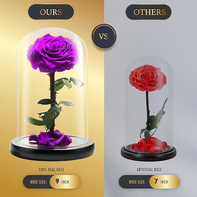 Forever Preserved Rose - Eternal Rose in Glass Dome - Beauty and The Beast Rose for Mom - Fresh Flowers for Delivery Prime (Purple, 9 Inch)