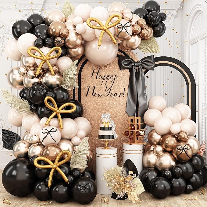 Black and Gold Balloon Arch Kit, Black White Sand Beige Cream Champagne Gold Metallic Latex Balloons Garland for New Years Eve Boho Bridal Baby Shower Anniversary Wedding Birthday Party Decor