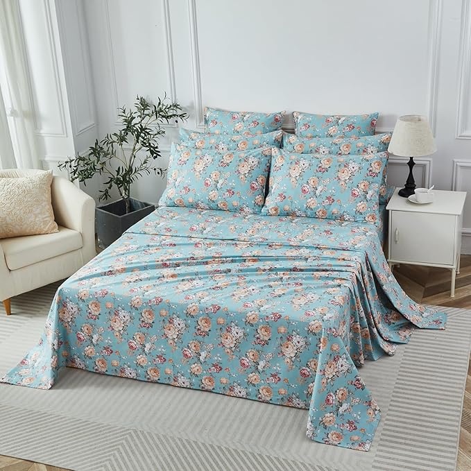 FADFAY Blue Vintage Floral Full Size Sheets Set Premium 100% Cotton Shabby Rose Pattern Cottagecore Bedding Set Deep Pocket Sheets with 2 Pillowcases Luxury Breathable Soft 4Pcs, Full Size