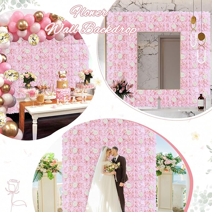 FOTSHARER Pink Flower Wall Backdrop 12 Pack 3D Flower Wall Panel 15'' x 15'' Silk Rose Floral Walls Artificial Flower Panels for Backdrop Floral Wedding Background for Bridal Shower Party Events