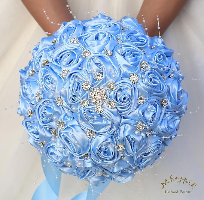 Bridal Wedding Bouquet Round Bling Brooch Bouquet Throw Toss Artificial Rose Flower Bunch for Bride Bridesmaid Wedding Quinceanera(Light Blue, 6.3")