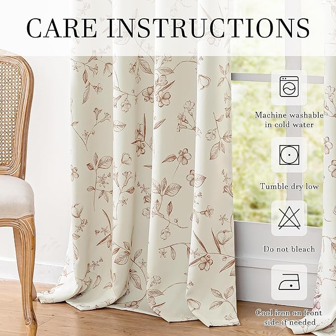 ChrisDowa Beige 100% Blackout Floral Curtains 84 Inches Long 2 Panels for Bedroom Living Room Brown Flower Patterned Room Darkening Thermal Insulated Soundproof Grommet Window Treatments Drapes,52X84