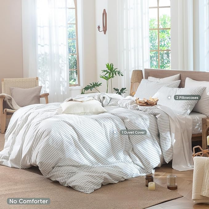 MooMee Striped Duvet Cover Set 100% Washed Cotton Linen Like Textured Breathable Durable Soft Comfy (White Heathered Green Wide Stripes, Queen 90"x90")