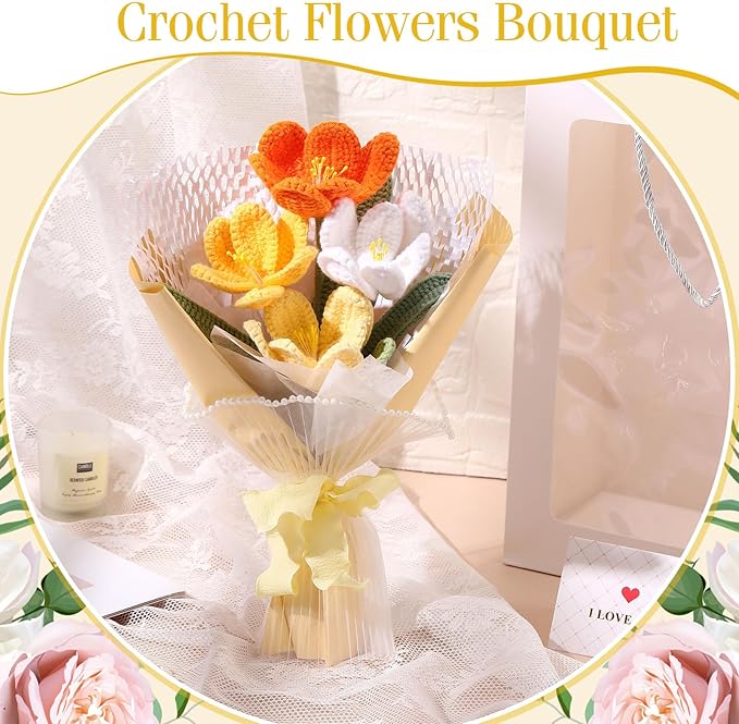 Crochet Flowers Bouquet Gift Christmas Crochet Flower Tulips Completed Handmade Knitted Bouquet with Card for Women Girlfriend Lover Appreciation Gift Birthday Wedding Teacher Decor(Orange)
