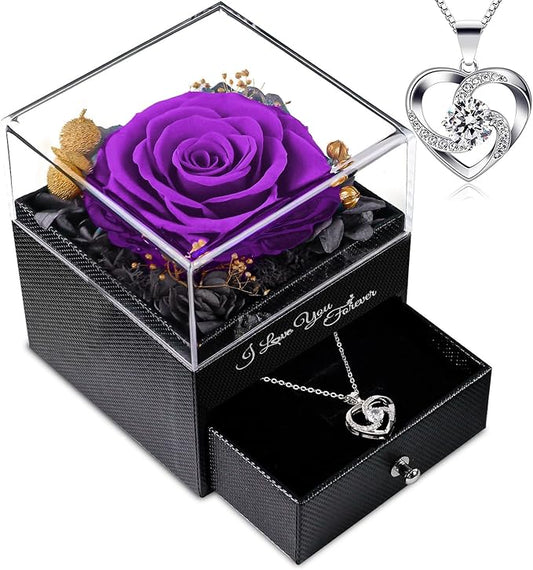Gifts for Mom Birthday, Preserved Real Purple Rose with Necklace, Eternal Roses Forever Flowers Gifts for Women Girlfriend Mom Grandma Wife Mother's Day Birthday Anniversary