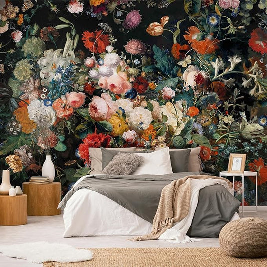 Zeeko Dark Floral Wallpaper Peel and Stick 148" W x 98" H Waterproof Canvas Fabric Vintage Moody Large Wall Mural Self Adhesive Removable Wall Paper for Bedroom Living Room Art Deco
