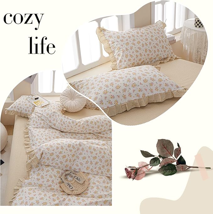 VM VOUGEMARKET Lace Comforter Set Full Vintage Girl's Flower Bedding Comforter Sets,Reversible Yellow Grid Comforter with 2 Pillowcases for All Seasons(3pcs,Full)
