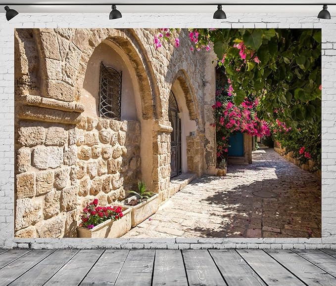 8x6ft Fabric Old Stone Street Backdrop Jerusalem Ancient Narrow Street with Blooming Flowers Israel Background Ancient Stone Wall Backdrop Photoshoot Studio Props