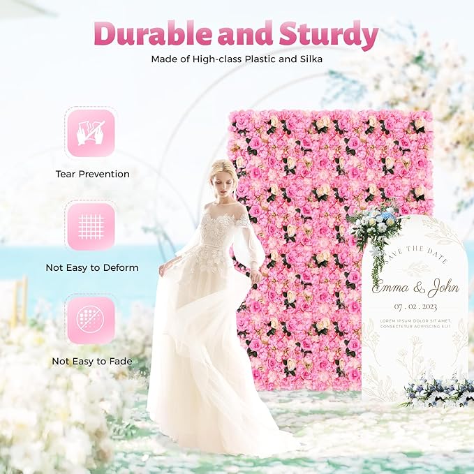 Flower Wall Panel Floral Backdrop,12 Pack Flower Wall Decor,Silk Rose Wall, Artificial Flower Backdrop Faux Flower Panel for Wedding (12PCS Dahlia, Rose)