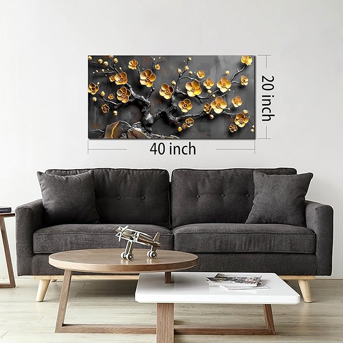 Large Canvas Wall Art for Living Room Bedroom Home Office Grey and Gold Metal Color Plum Blossom Picture Modern Canvas Prints Framed Wall Decor Size 20x40