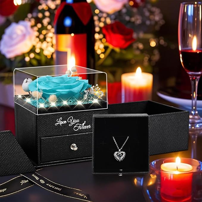 FIACO Gifts for Women Preserved Real Roses with I Love You Necklace Fresh Forever Flowers Birthday Gifts for Mom Grandma Wife Girlfriend on Anniversary Christmas Valentines Romantic Gift