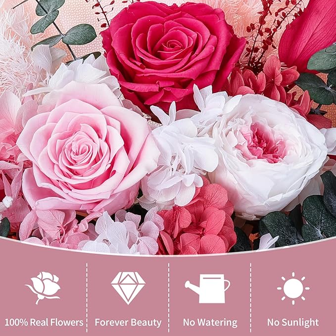 Lewondr Flower for Delivery, Preserved Flowers Bouquet, Pink Roses Bouquet, Real Long-Lasting Forever Birthday Flowers Gifts for Mom Women Wife Grandma Her Mothers Day Anniversary, Light Rose