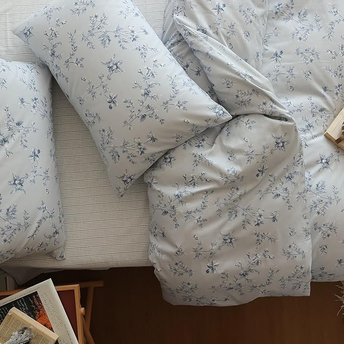 LifeTB Duvet Cover Set King 100% Cotton Vintage Blue Floral Duvet Cover Aesthetic Flower Comforter Cover with Zipper Closure Cottagecore Style Duvet Cover King with 2 Pillowcases for All Season
